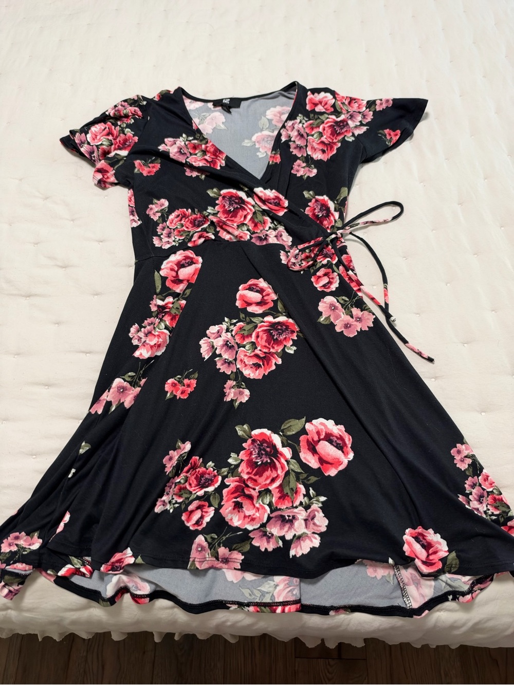 Iz Byer Black Wrap Dress with Pink Rose Print
